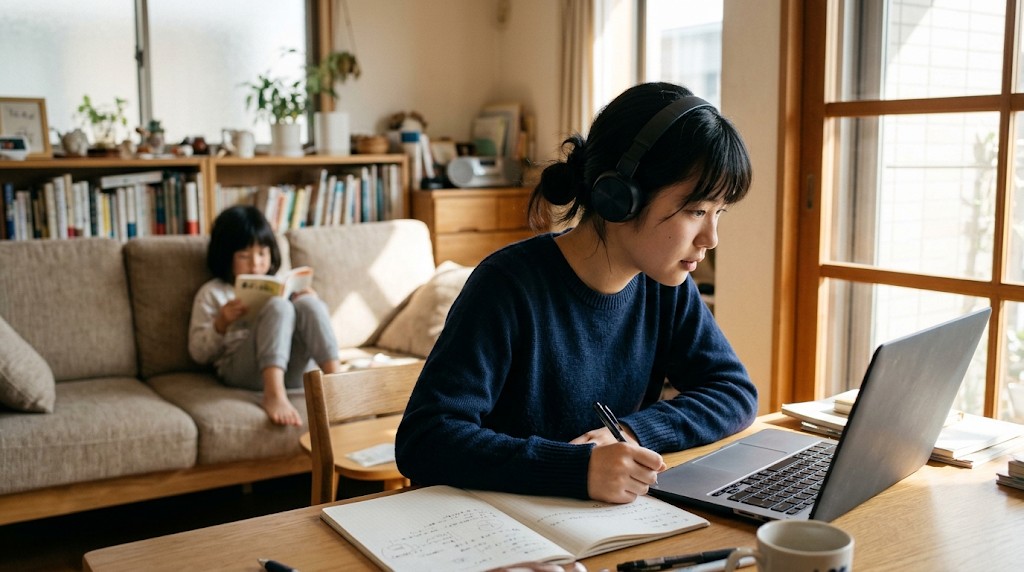 リビングでオンラインの授業を受ける高校生。後ろで妹が本を読んでいる