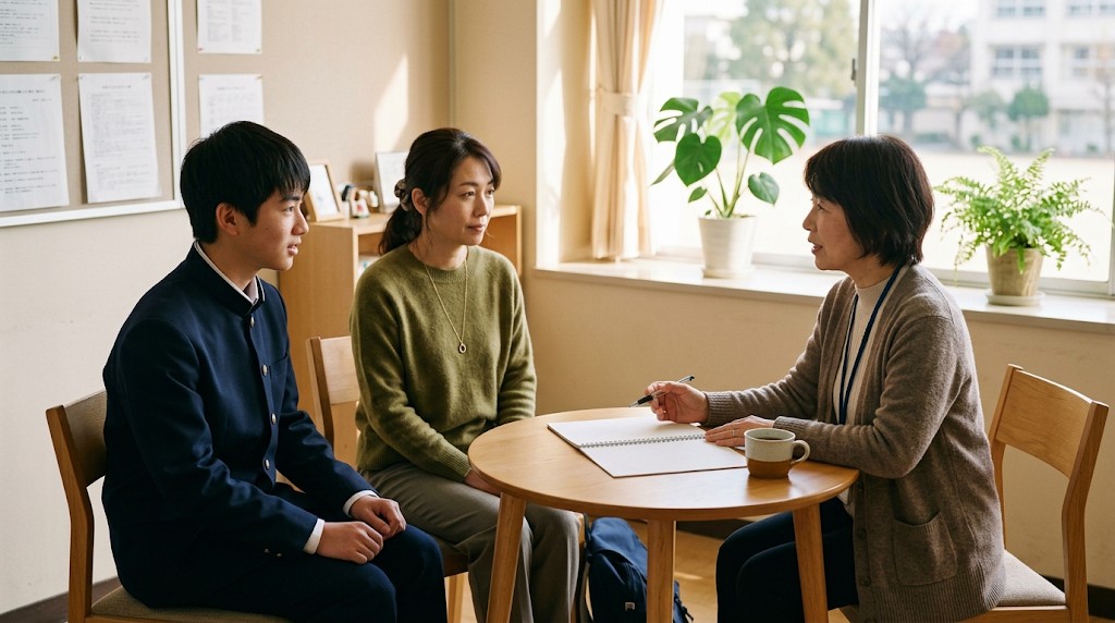 相談室で生徒と保護者が、職員の説明を聞いている場面