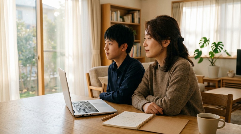 ノートパソコンで通信制高校の説明会を見る母親と息子