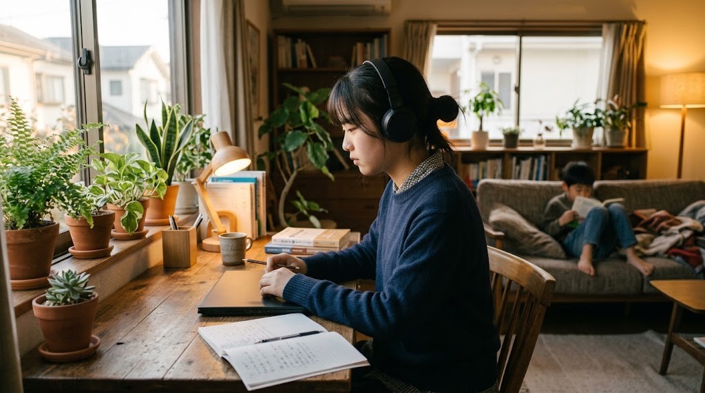 自宅でヘッドホンをつけて課題に取り組む高校生