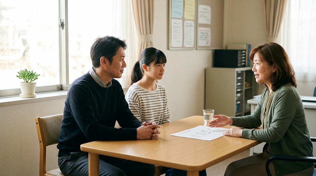 相談室で職員の話を聞く父親と娘