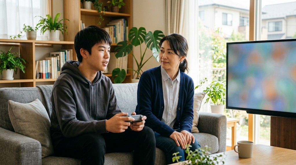 ソファでゲームのコントローラーを持ち母親に話す高校生