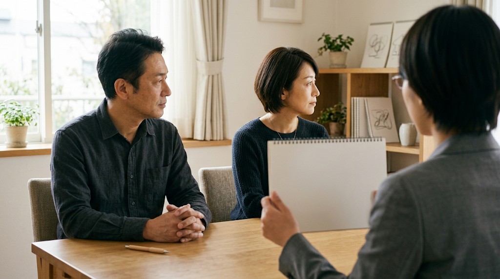 相談室でカウンセラーの話を聞く両親