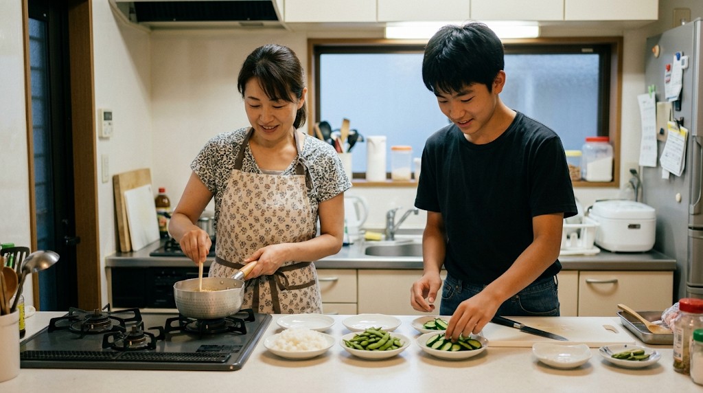 台所で一緒に料理をする母親と高校生の息子