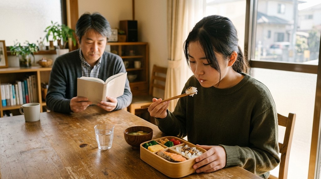 仕切りのある弁当を食べる高校生と、同じテーブルで本を読む父親