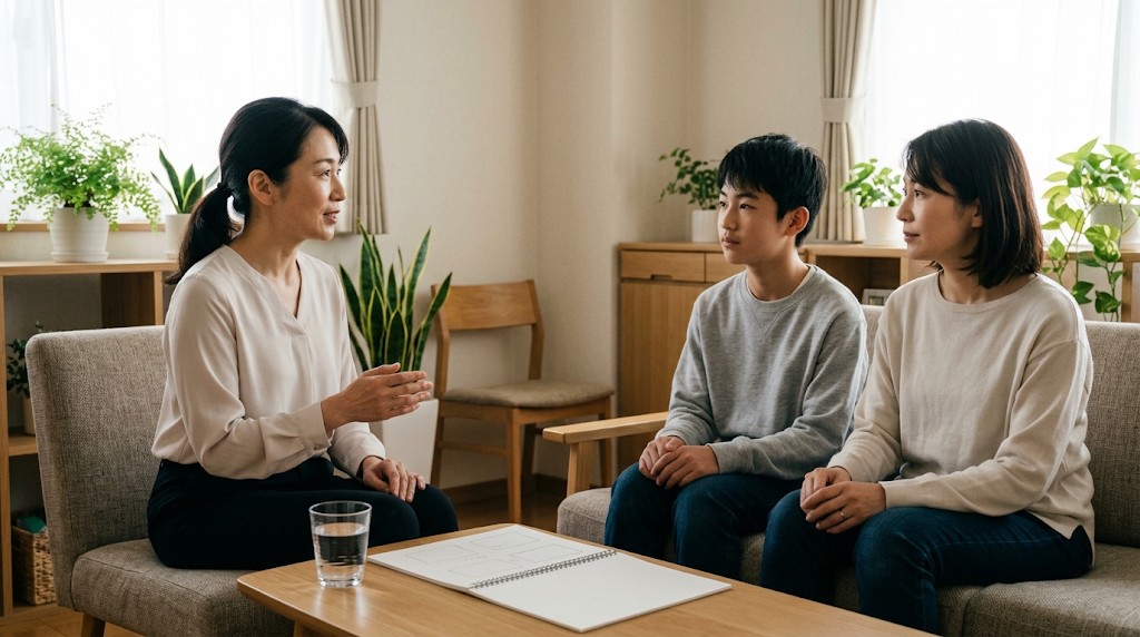 相談室で栄養士の話を聞く親子