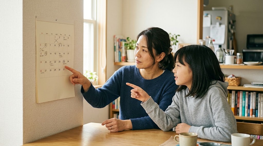 明るい食卓で、紙のカレンダーを一緒に見ている保護者と中学生