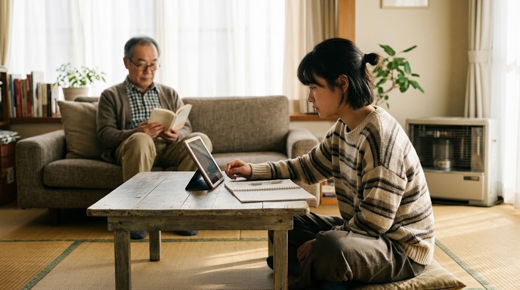 リビングの低い机でタブレットを立てて学ぶ中学生。家族が後ろで本を読んでいる