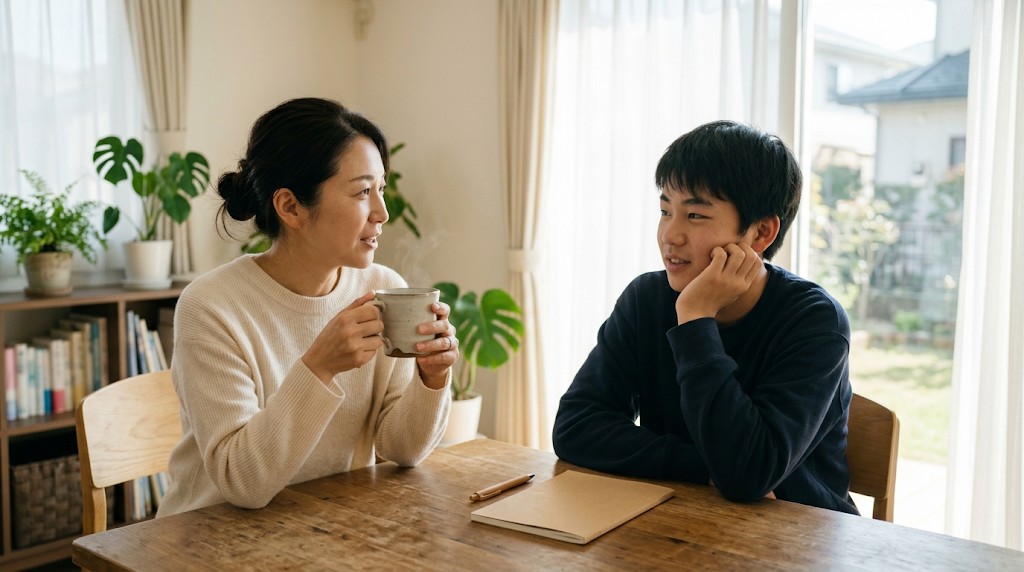 ダイニングテーブルで話す母親と高校生の息子