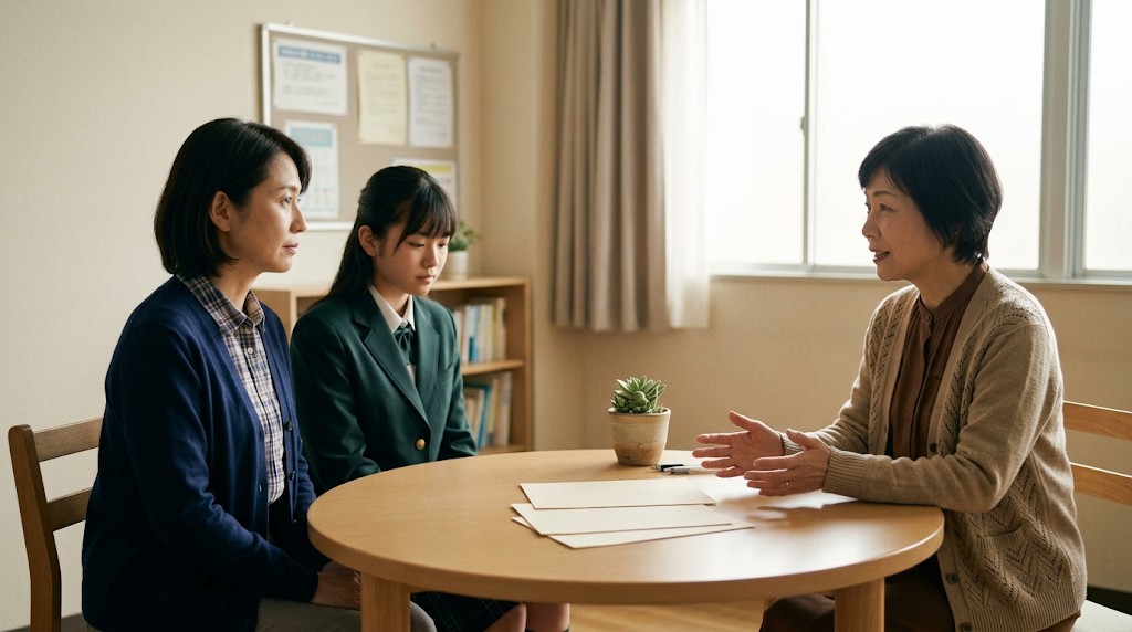 学校の相談室で先生の話を聞く母親と娘