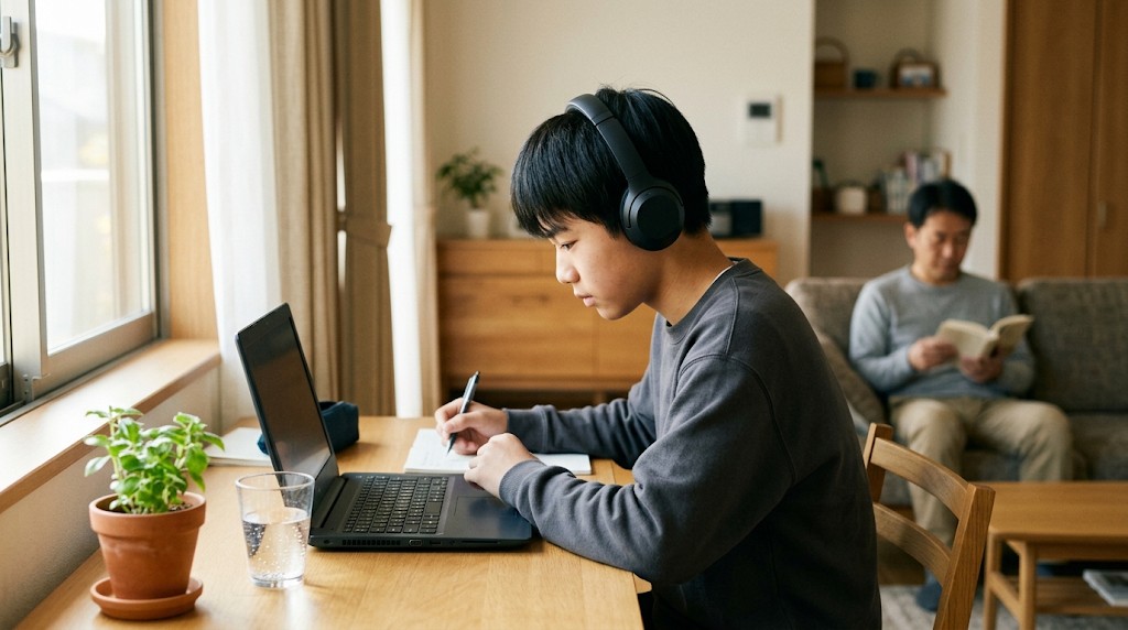 自宅でヘッドホンをつけて勉強する高校生と、後ろで本を読む父親