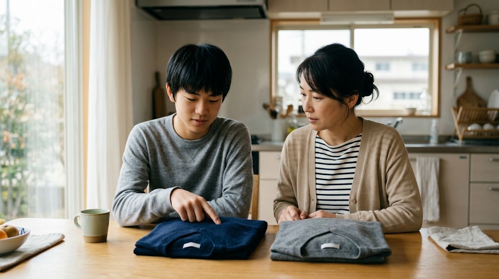 2枚のセーターを前にどちらにするか考える高校生と母親