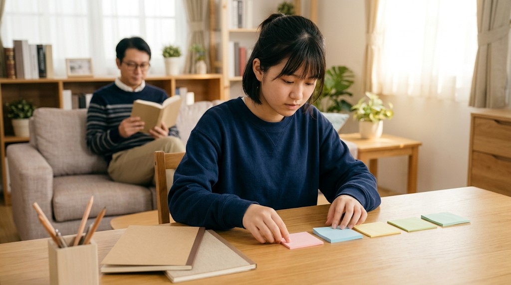 無地の付箋を並べて課題の順番を考える高校生