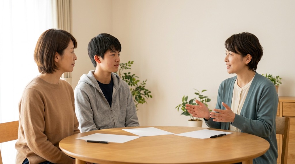 相談室で相談員の話を聞く母親と高校生の息子