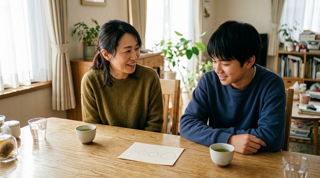 声の大きさを丸の大きさで表したカードを前に話す母親と息子