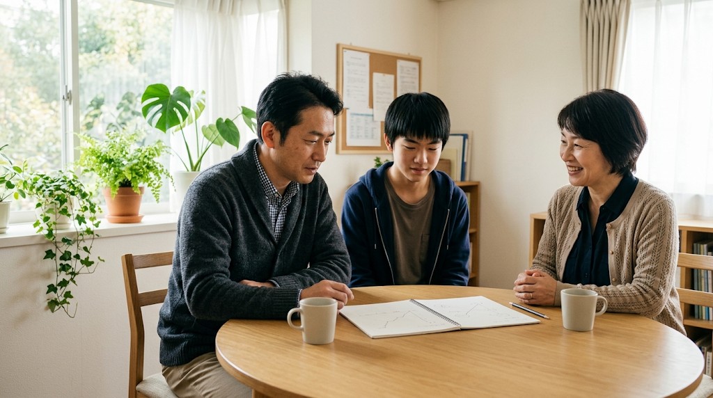 学校の相談室でカウンセラーと話す父親と息子