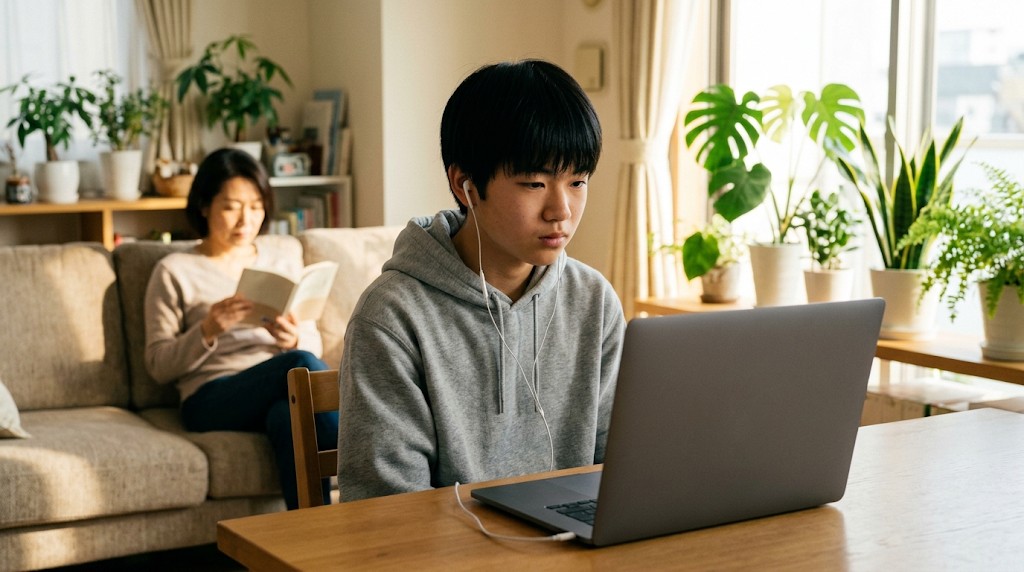 自宅からオンライン授業に参加する高校生と、後ろで本を読む母親