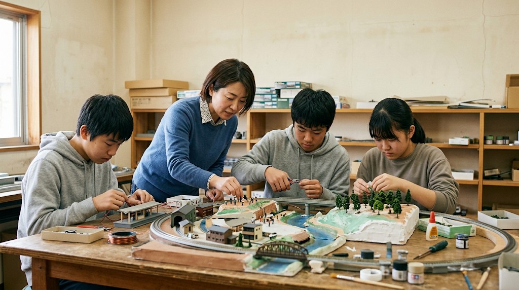 模型づくりのサークルで一緒に作業する高校生たち