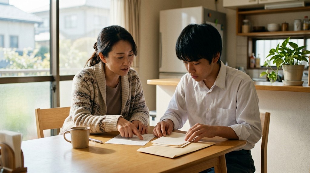 台所のテーブルで書類と封筒を整理する高校生と、隣で指さす保護者
