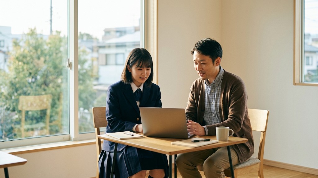 明るい相談室で、職員と並んでパソコンを見ている高校生