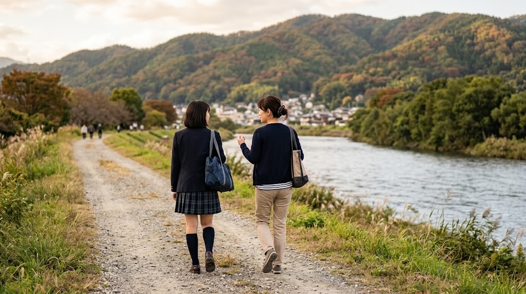 紅葉した山を背に、川沿いの道を並んで歩く母親と高校生の娘の後ろ姿