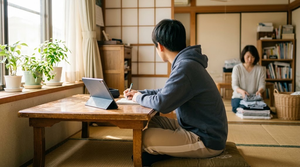 畳の居間の座卓でタブレットを使ってオンライン授業を受ける男子高校生と、奥で洗濯物をたたむ保護者