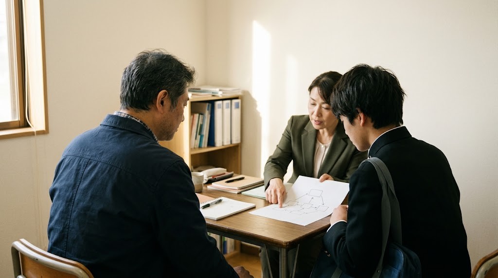 相談室の机で、父親と高校生の息子がスタッフの説明を聞いている