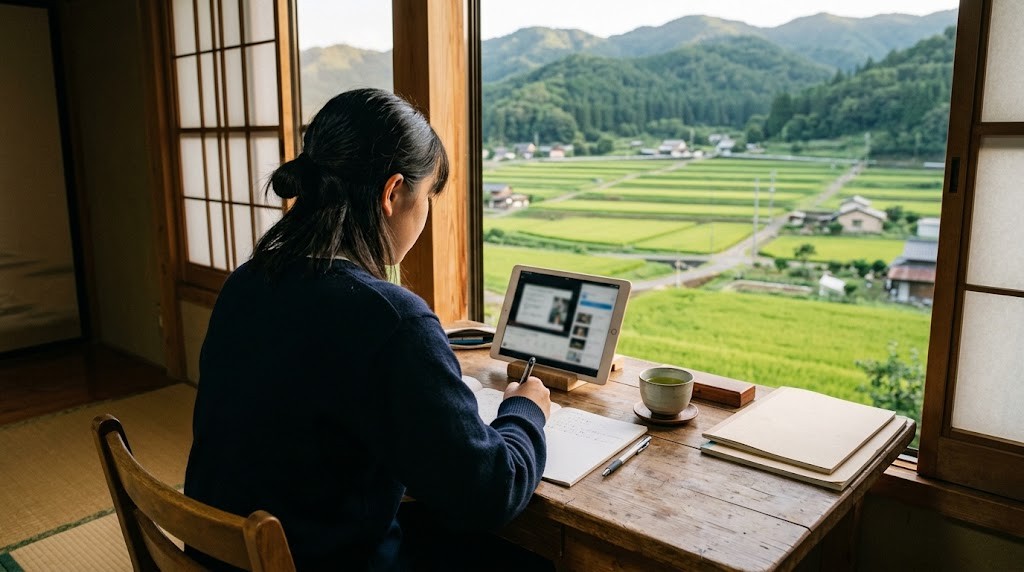 田んぼと山が見える窓辺の机で、タブレットを使ってオンライン授業を受ける高校生