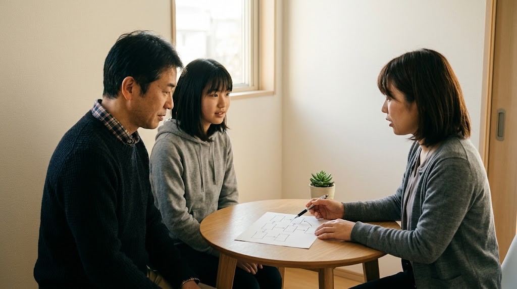 相談室の丸テーブルで、父親と高校生の娘がスタッフの説明を聞いている