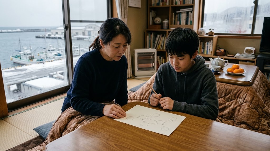 港の見える和室のこたつで、母親と中高生の子どもが手書きの図を見ながら話している