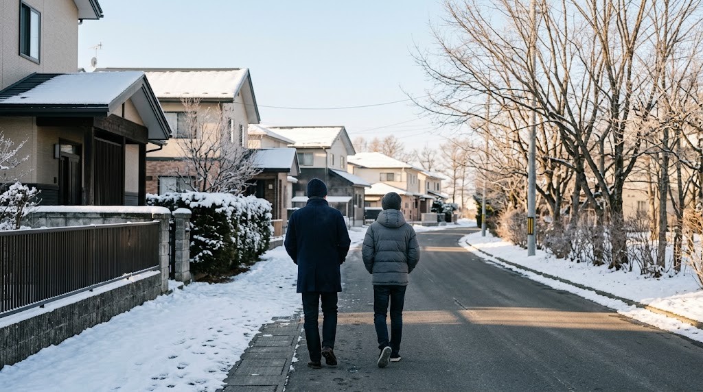 雪の残る冬の朝の住宅街を、親子が並んで歩いている後ろ姿