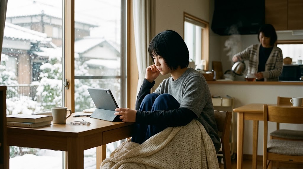 雪の朝、窓ぎわの机で高校生がタブレットでオンライン授業を受けている