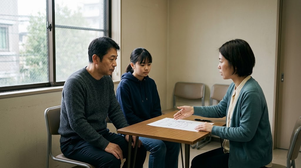 相談室で、父親と高校生の娘がスタッフの説明を聞いている