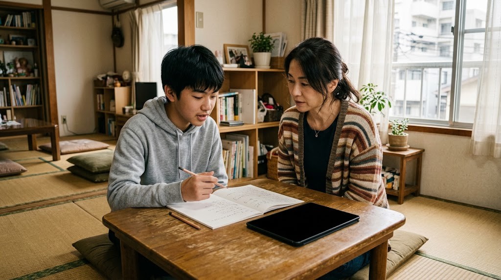 アパートのリビングで、母親と高校生の息子が低いテーブルでノートとタブレットを見ている