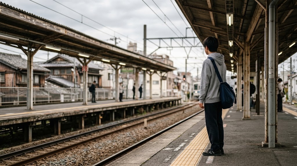 屋根のある駅のホームで、パーカー姿の高校生が電車を待っている
