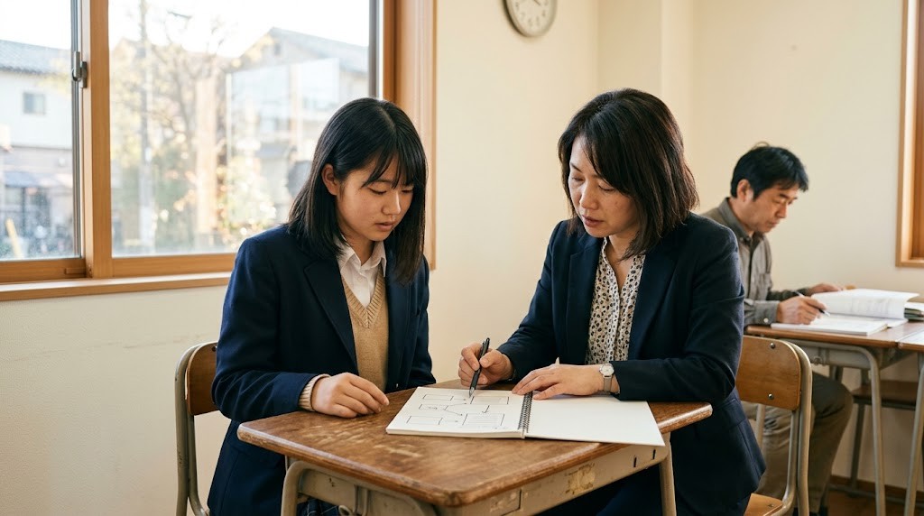 明るい面談室で、高校生と相談員がノートを見ながら話している