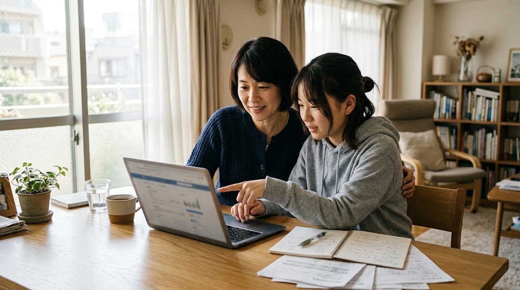 明るいリビングのテーブルで、母親と高校生の娘がノートパソコンを一緒に見ている
