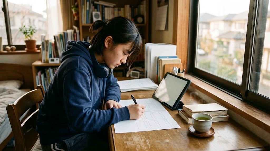 自宅の机で、高校生がタブレットとプリントを使って学習している