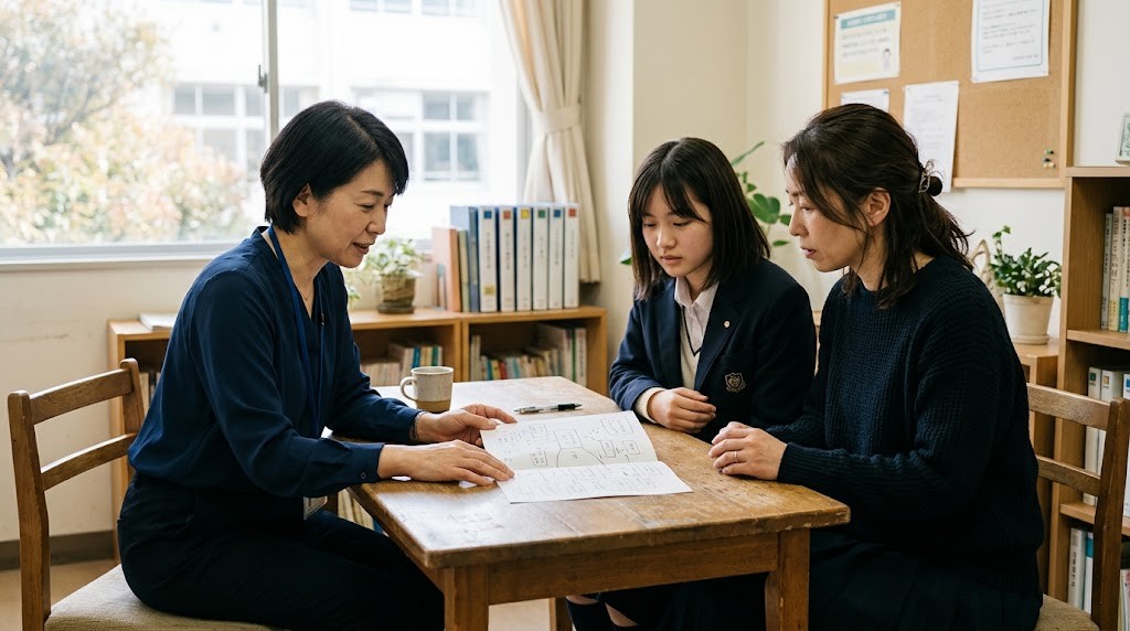 明るい相談室で、高校生と保護者がテーブルをはさんで相談員の説明を聞いている
