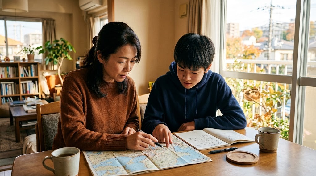 明るい部屋のテーブルで、母親と高校生の息子が紙の地図とノートを見ている
