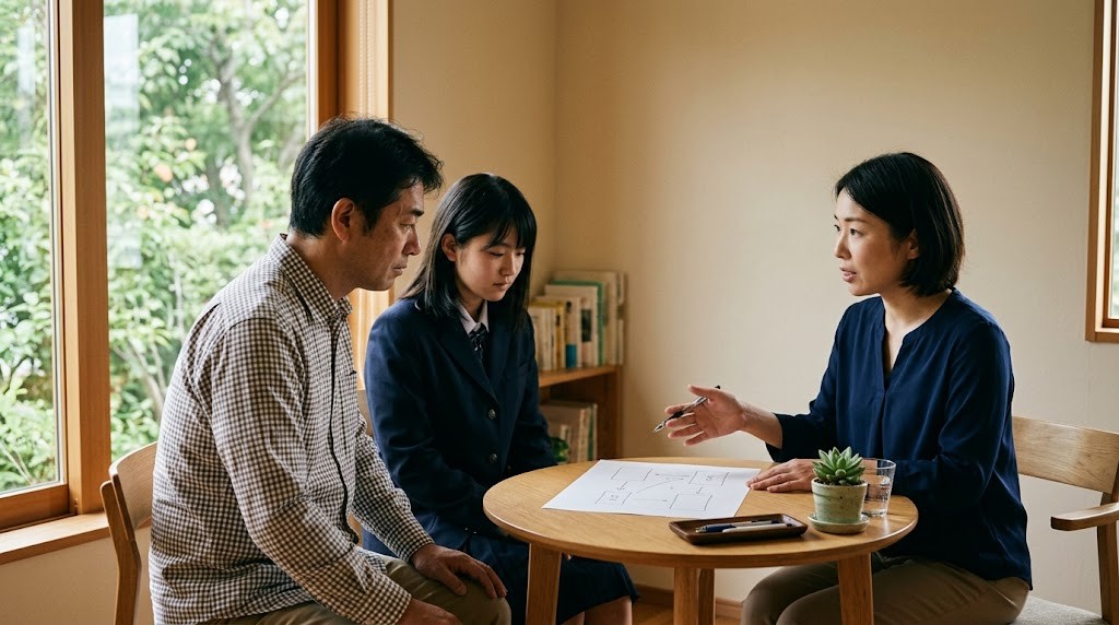 相談室で、父親と高校生の娘がスタッフの説明を聞いている