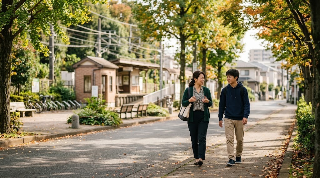 秋の並木道を、母親と高校生の息子が話しながら並んで歩いている