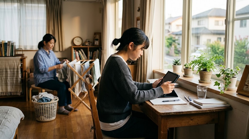 窓ぎわの机でタブレットを使って学ぶ高校生と、奥で洗濯物をたたむ母親