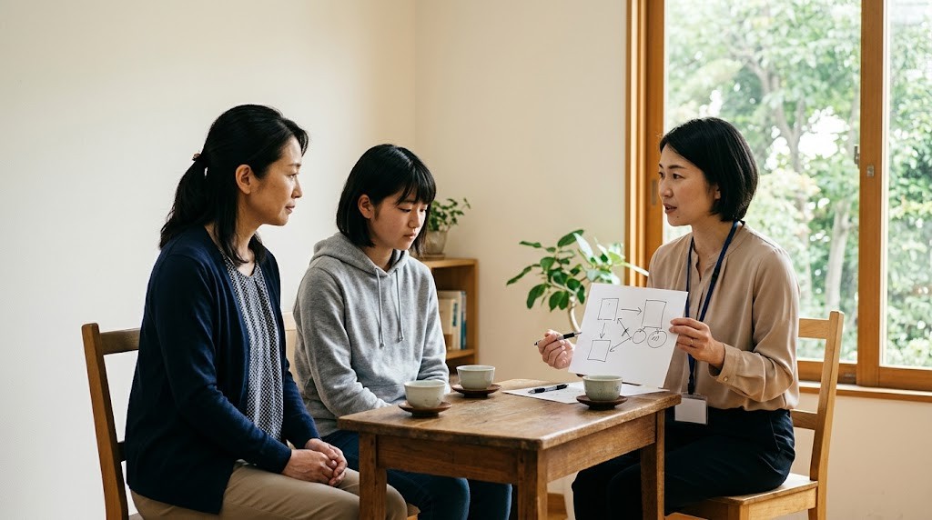 相談室で、母親と娘が職員の説明を聞いている。職員は手書きの図を見せている