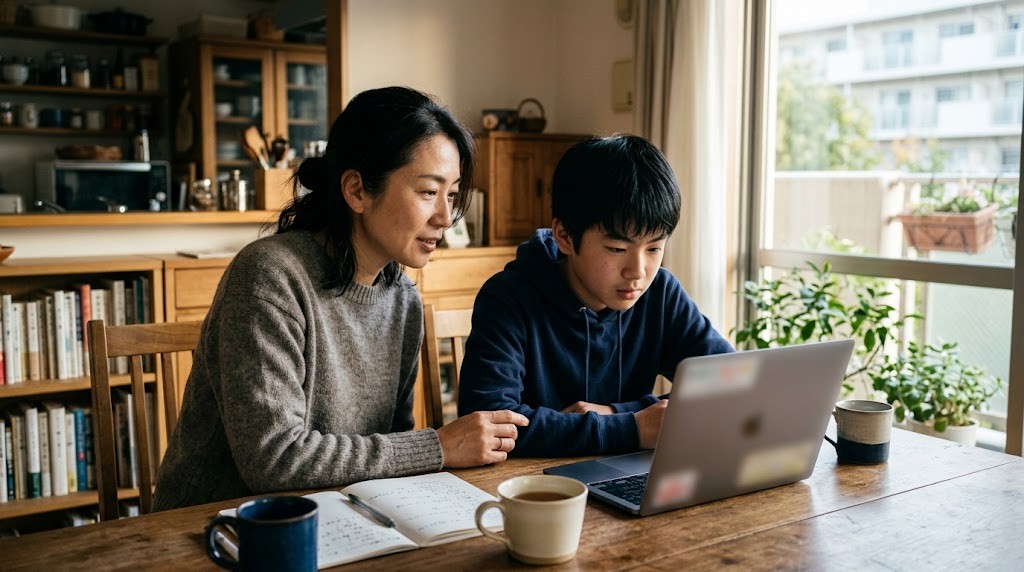 自宅のダイニングテーブルで、母親と高校生の息子がノートパソコンを一緒に見ている
