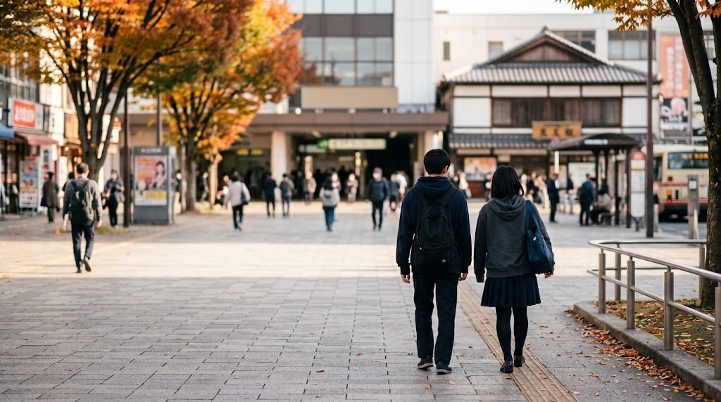 秋の朝、駅前広場を高校生が友人と並んで歩いている