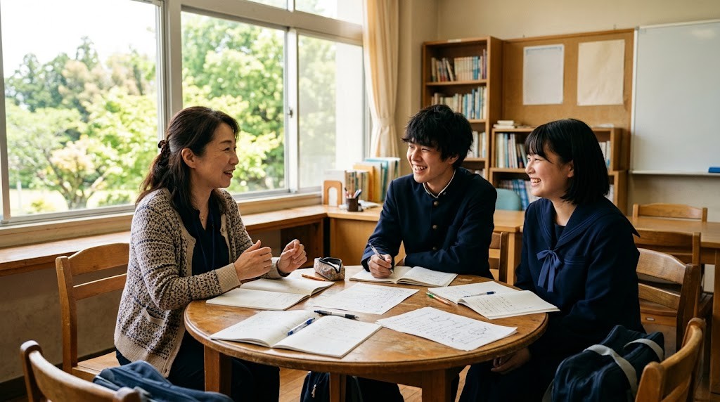 明るい教室で、2人の生徒と先生が丸テーブルを囲んで話している
