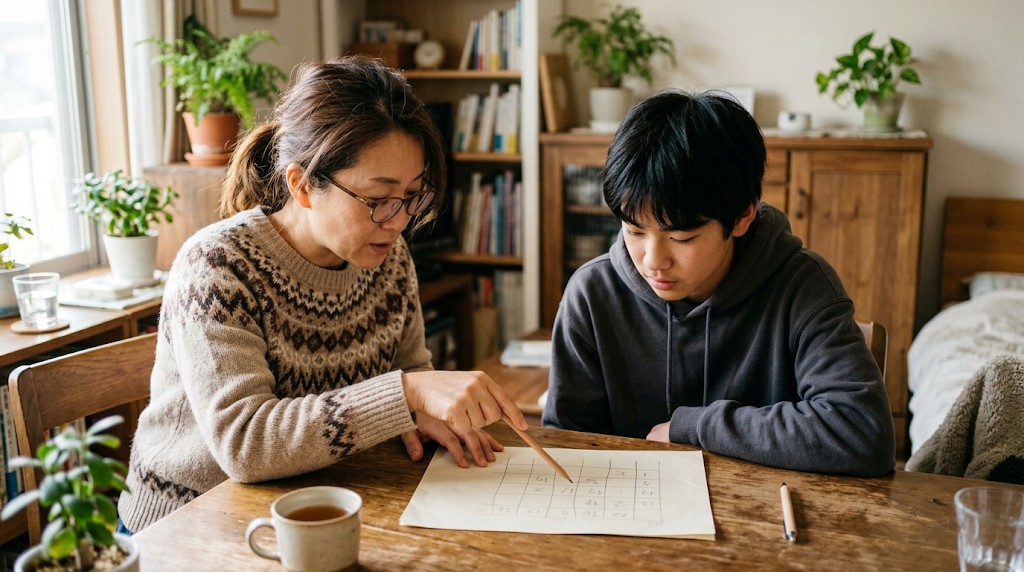 朝のリビングで、手書きの表を一緒に見ている保護者と高校生