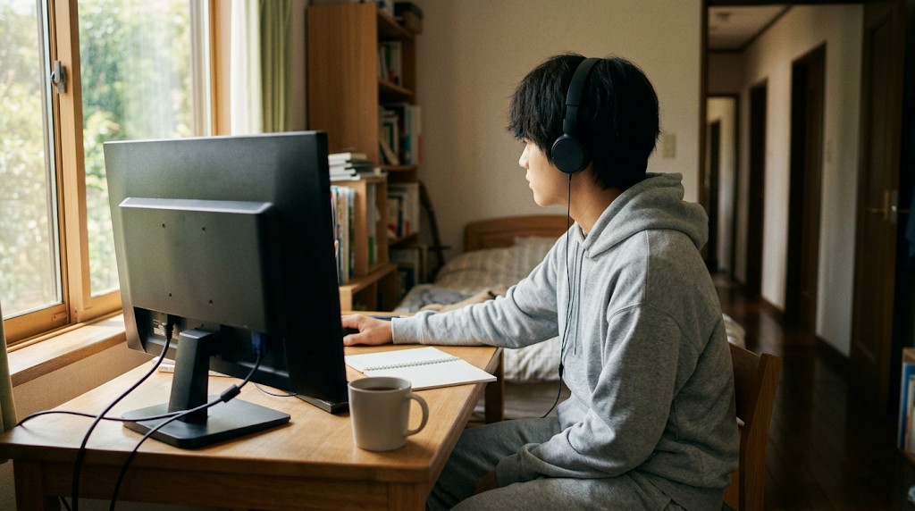 自室の机でヘッドホンをしてオンラインの授業を受ける高校生