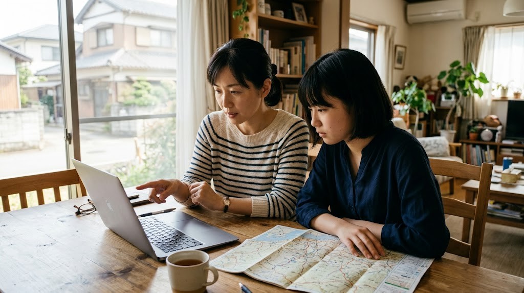 自宅のダイニングテーブルで、母親と高校生の娘がノートパソコンと紙の地図を一緒に見ている